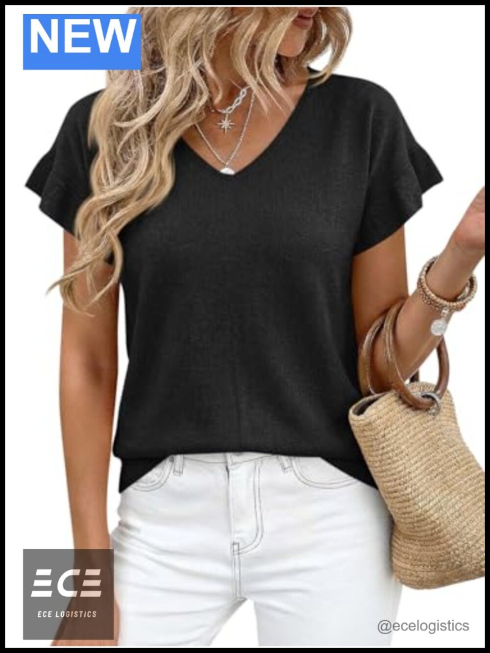 Ruffle Short Sleeve V Neck Knit Pullover Sweater Lightweight Summer Top